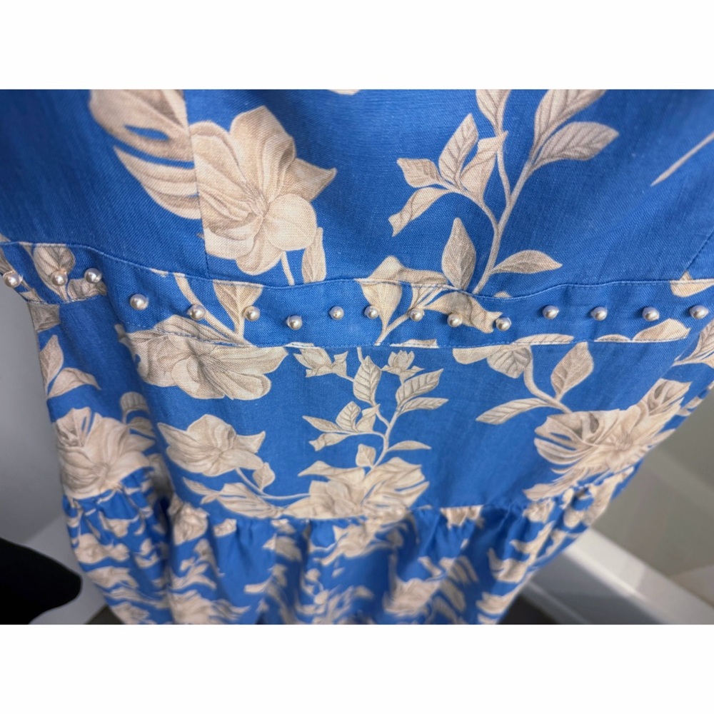 Agua by Agua Bendita Lima Madera Maxi Dress Linen Blue Ivory Floral Print L - Picture 9 of 16